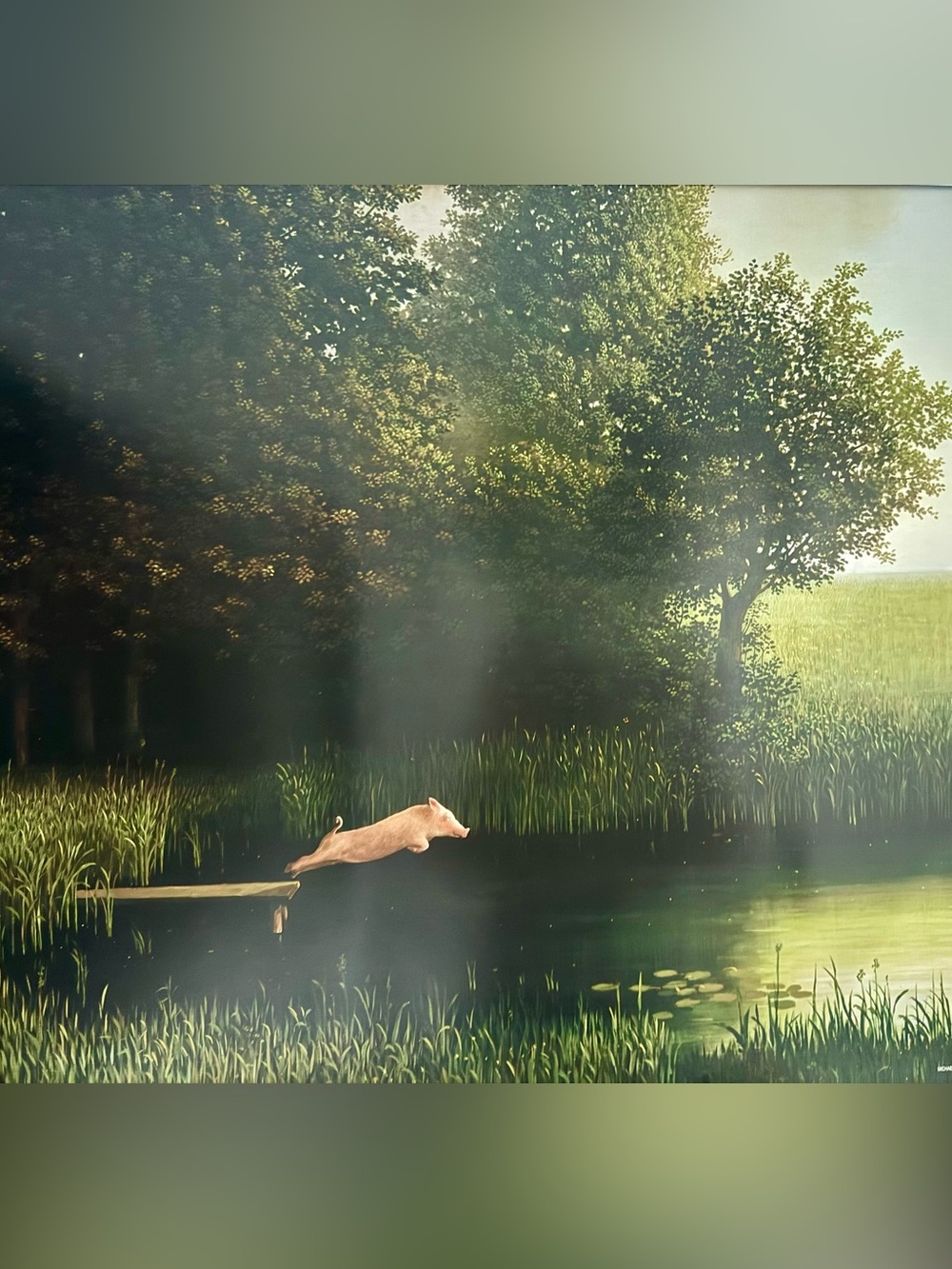 The cutest lil piggy in a Serene Woodland Pond Art Print 27W x 20L